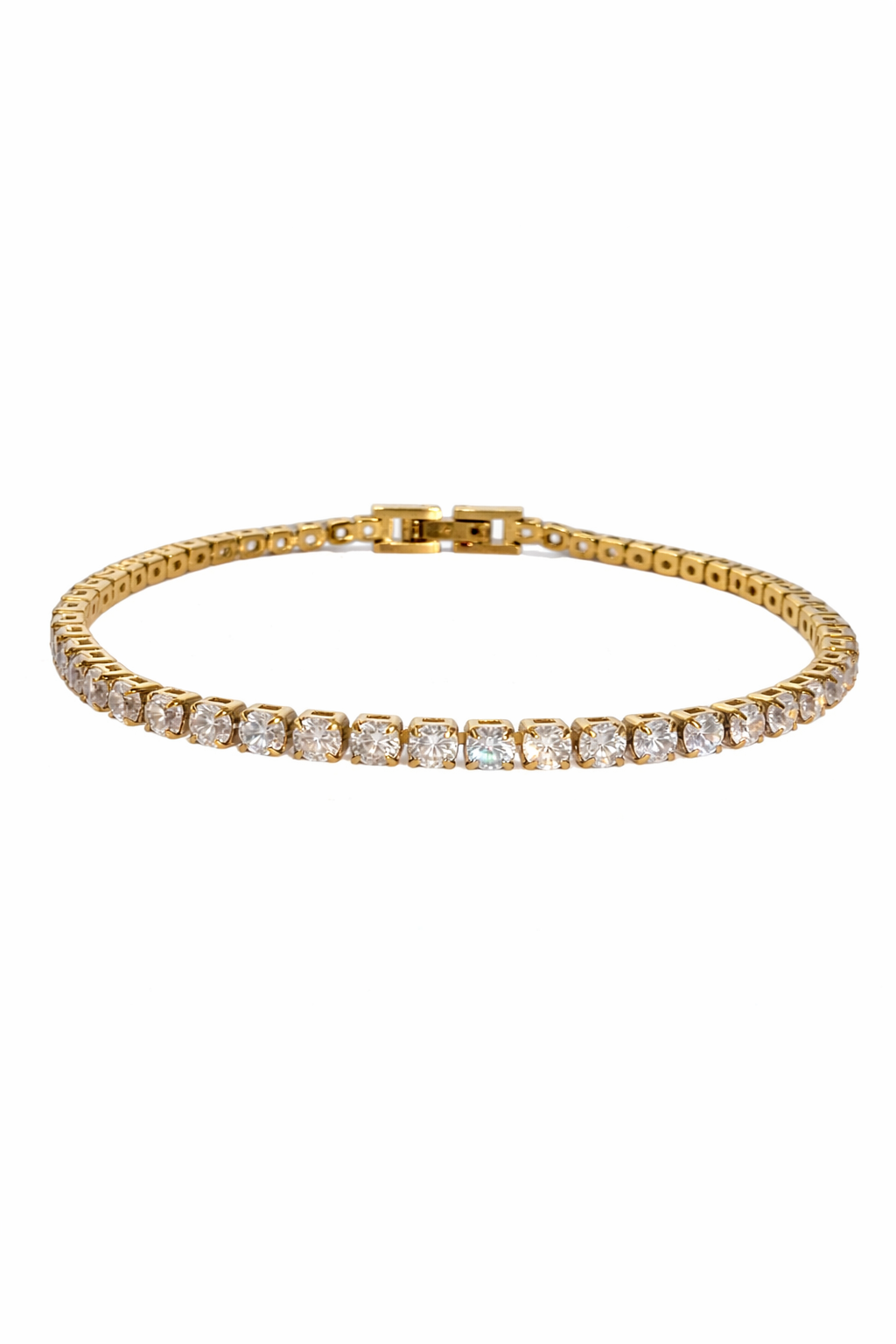 18K gold plated tennis bracelet with cubic zirconia stones worn on wrist